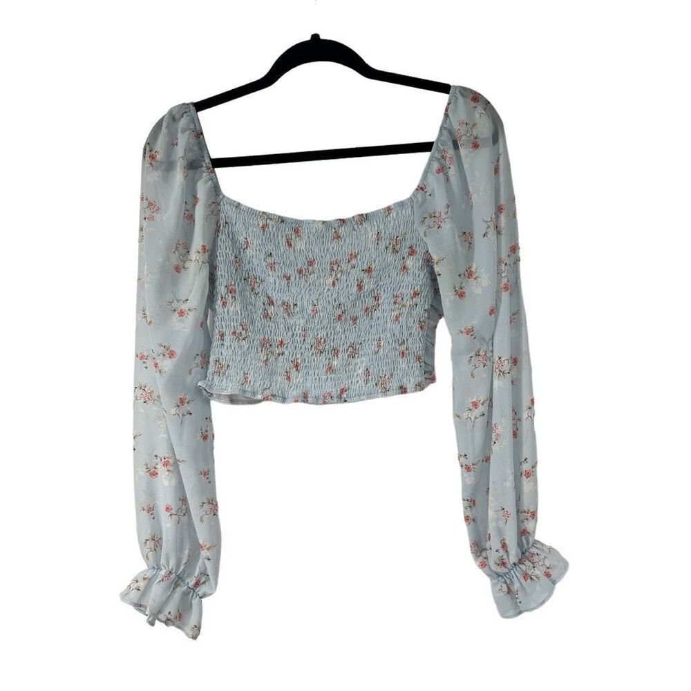 Windsor Light Blue Floral Puff‎ Sleeve Cropped Ruched Top Sz L Juniors
